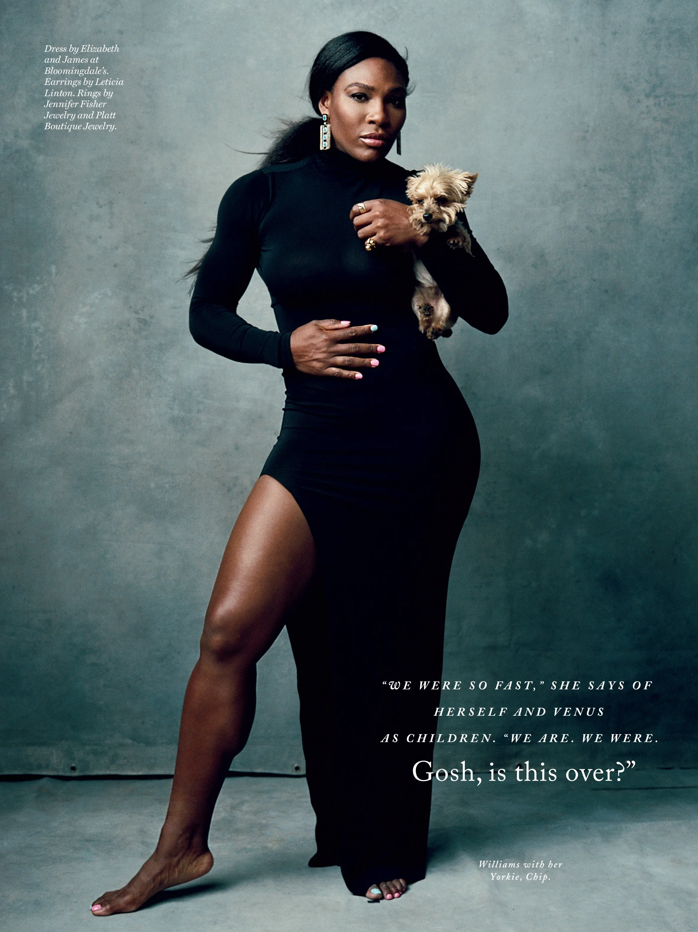 A woman dressed in a long black gown with a high slit, holding a small dog in her arm. The background is gray with text indicating details of the fashion items she is wearing, and a quote about being a child.