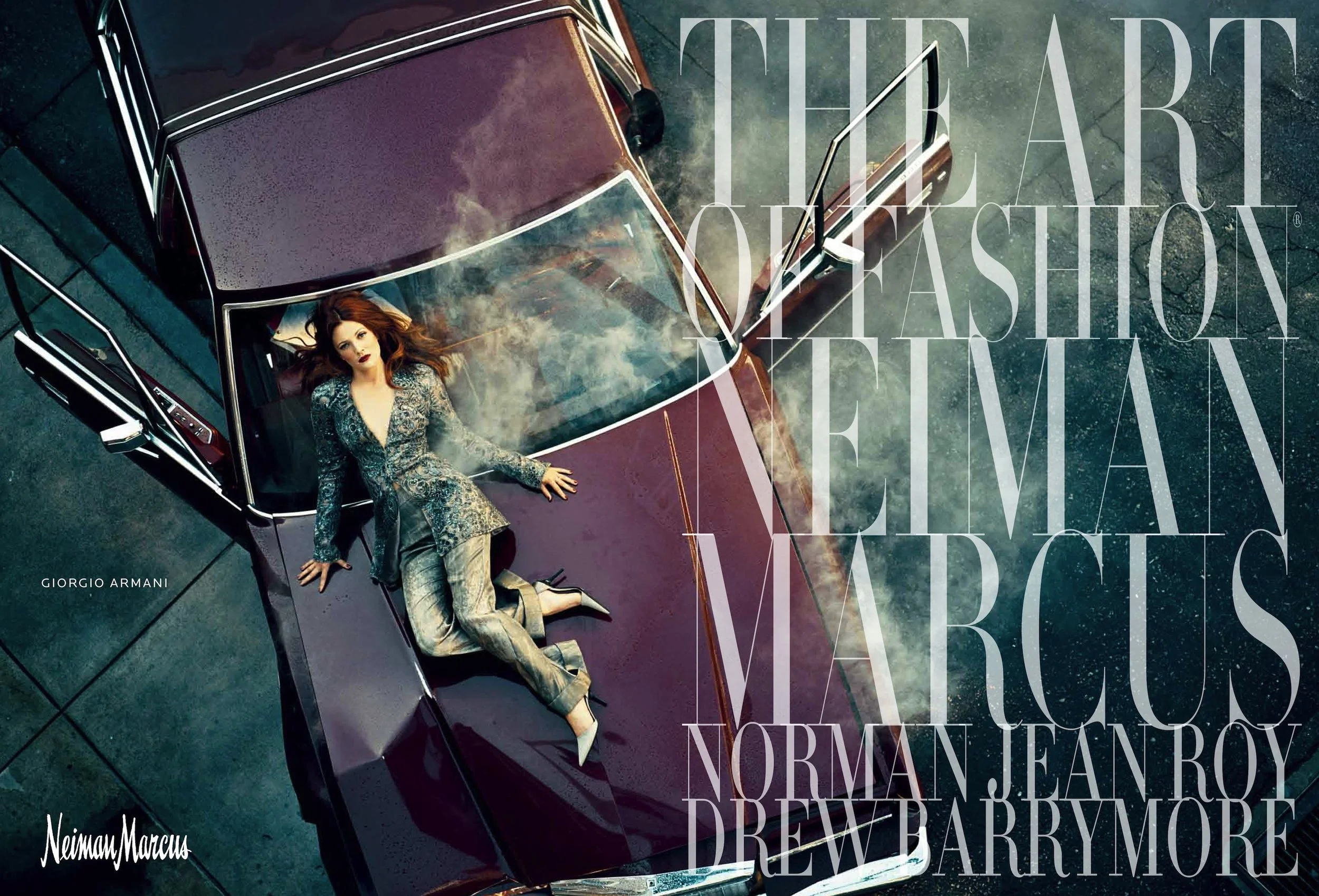 A fashion magazine cover with a woman in a patterned blazer and pants, lying on the hood of a vintage car with a reflection of clouds on the windshield. Large text overlay reads 'The Art of Fashion' and lists designers Gio Giorgio Armani, Norman Jean