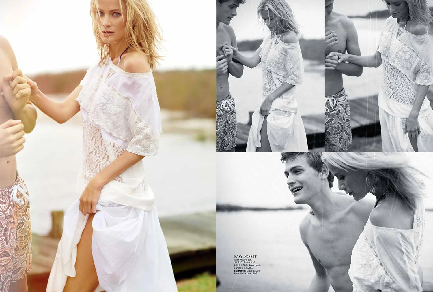 A woman wearing a white, lace, off-shoulder dress standing outdoors near the water, holding the hand of a shirtless man wearing patterned shorts. In the background, there is a dock and water. The right side shows black-and-white photos of the same wo