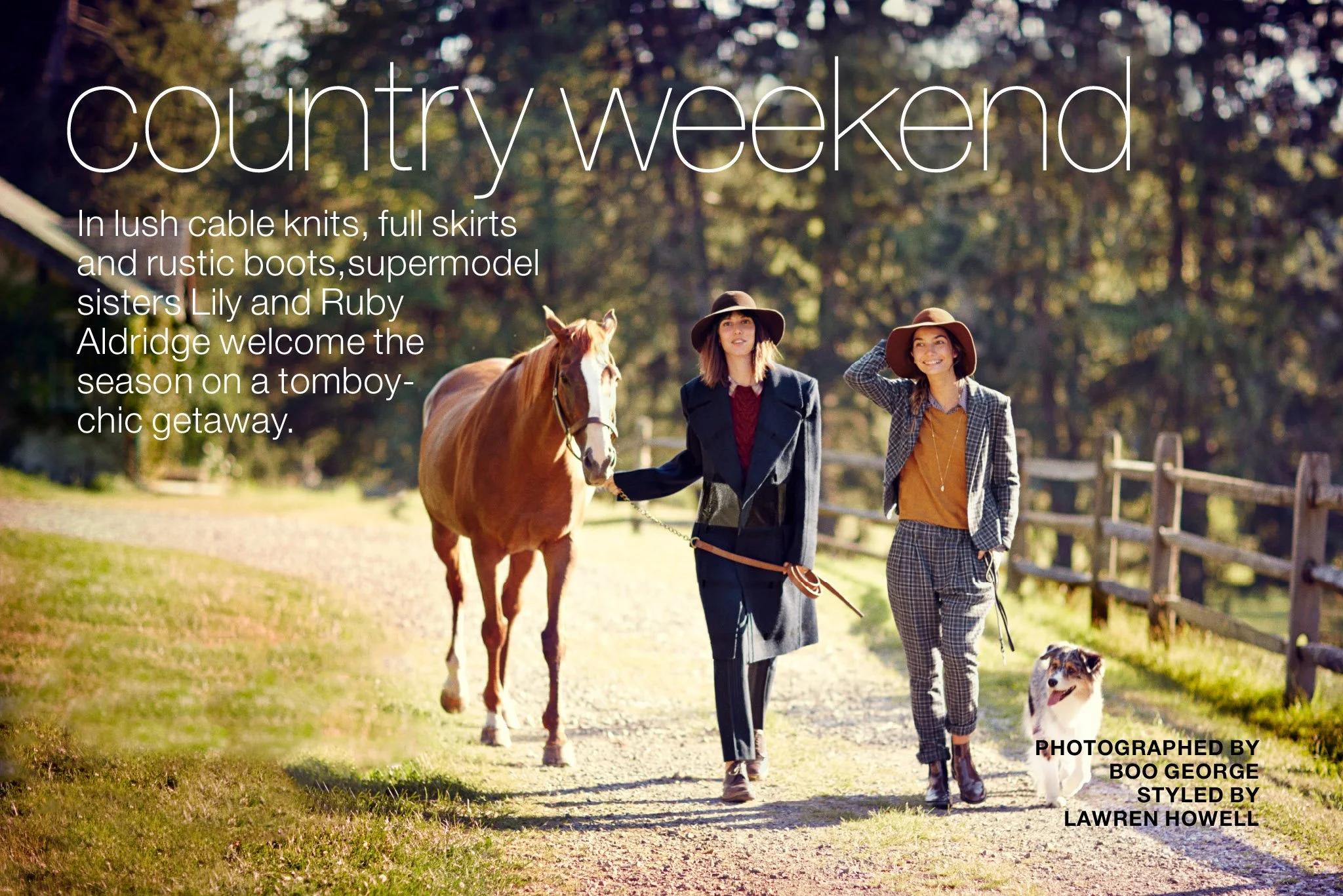 Two women walking on a dirt path in a rural setting, one leading a brown horse and the other walking a dog, with trees in the background and text overlay describing a country weekend scene.