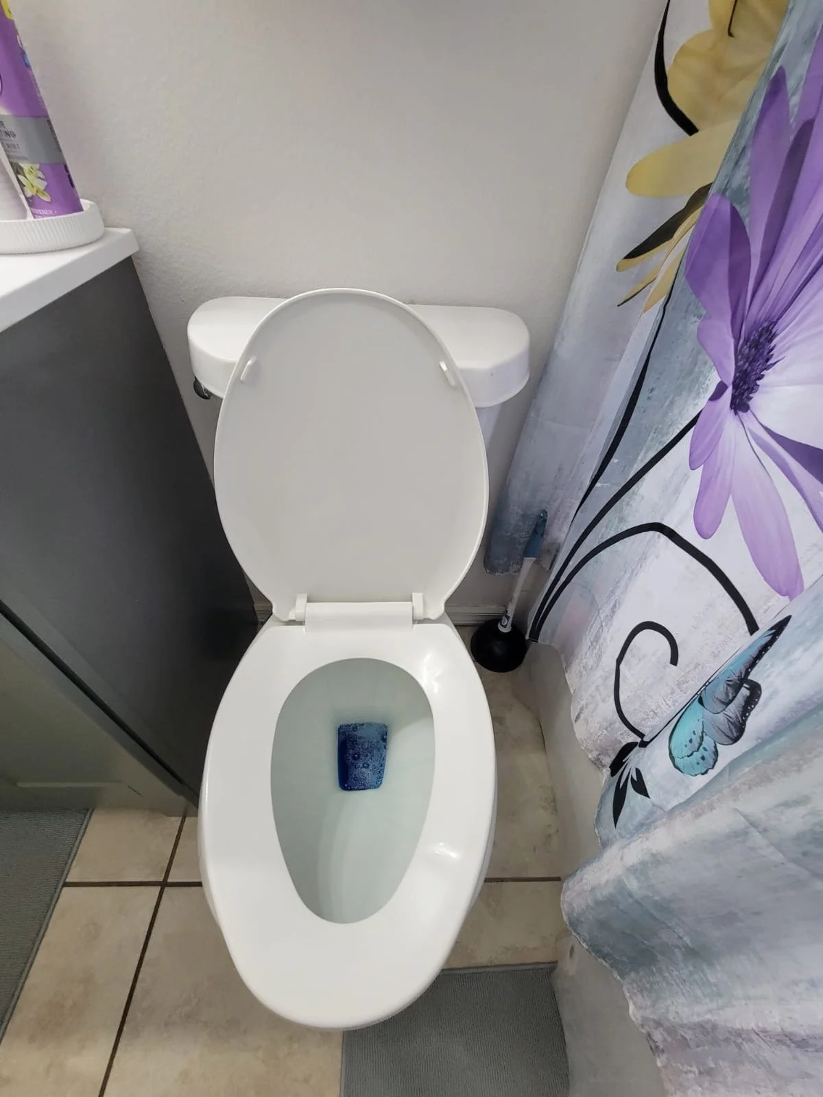 Toilet with open lid in a bathroom, next to a colorful floral shower curtain, with a blue cleaning brush behind, and a small purple container on a white shelf to the left.