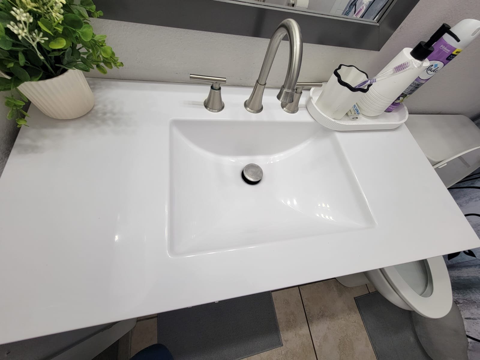 A white bathroom sink with a modern brushed nickel faucet, a potted green plant on the left, and a small tray on the right holding bathroom products including a bottle of lotion, a spray can, and a white cup with a toothbrush. The sink is built into 