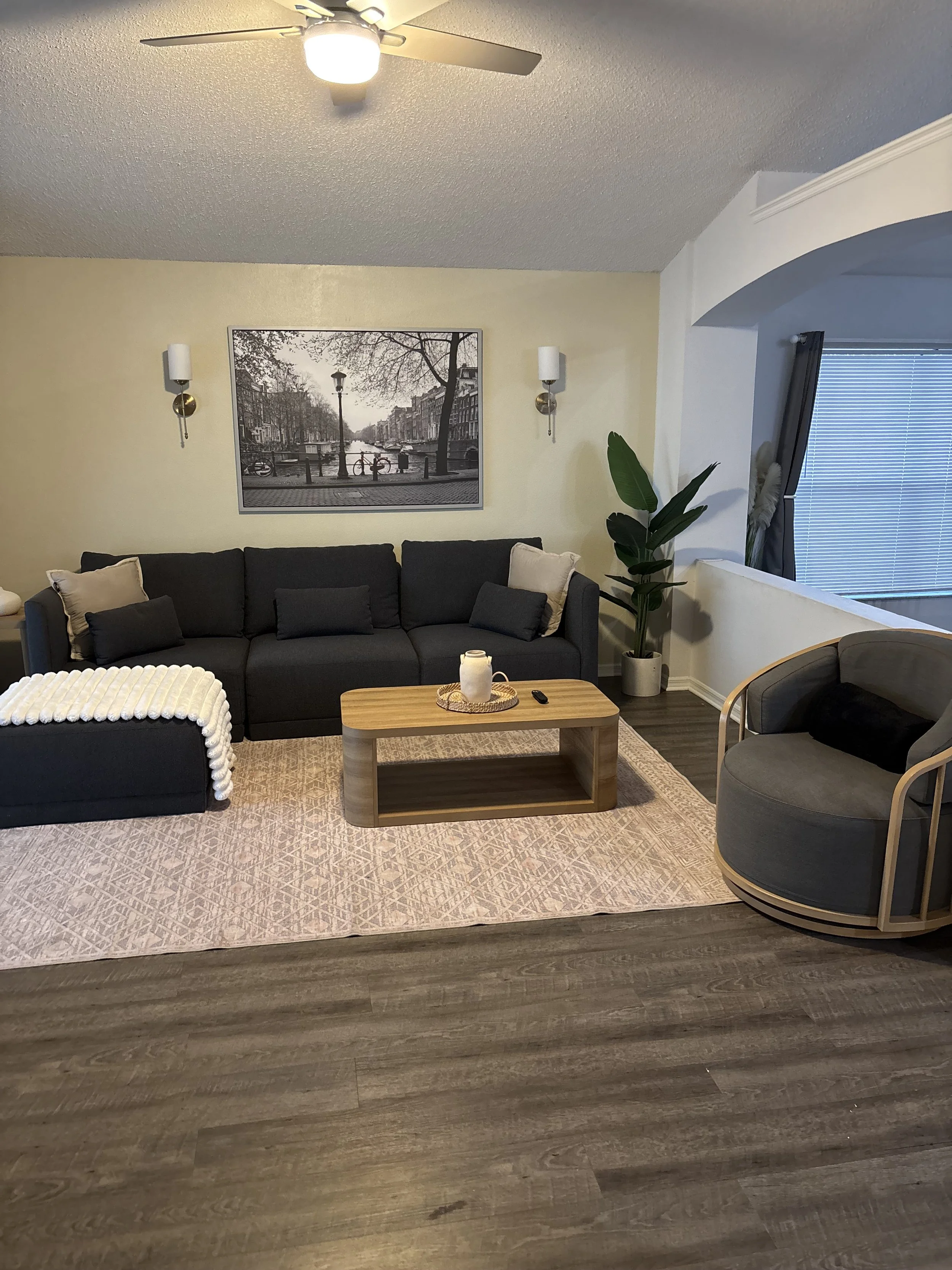 Living room with a black sofa, a wooden coffee table, and a gray armchair with a black pillow. There is a light pink rug under the furniture, a large plant, wall art, and wall sconces. A ceiling fan with a light is on the ceiling.