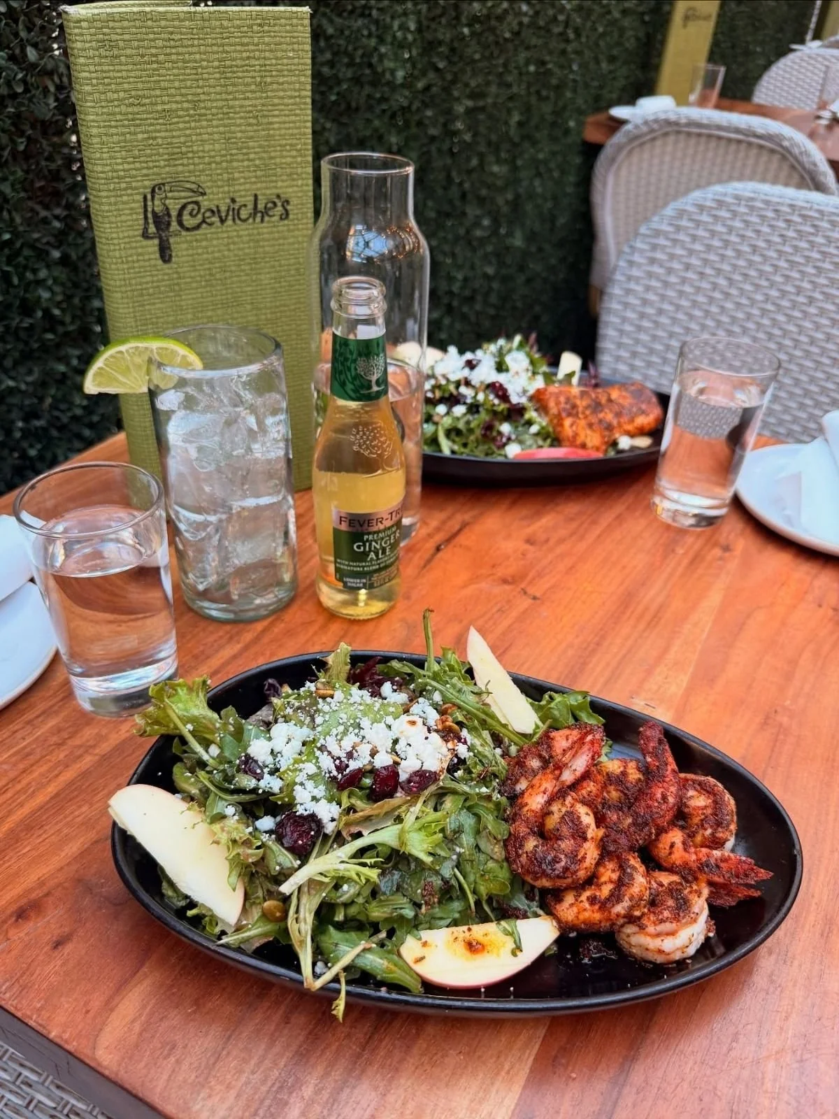 A black platter with grilled shrimp, sliced apples, and a mixed green salad topped with crumbled cheese and dried cranberries on a wooden outdoor table.