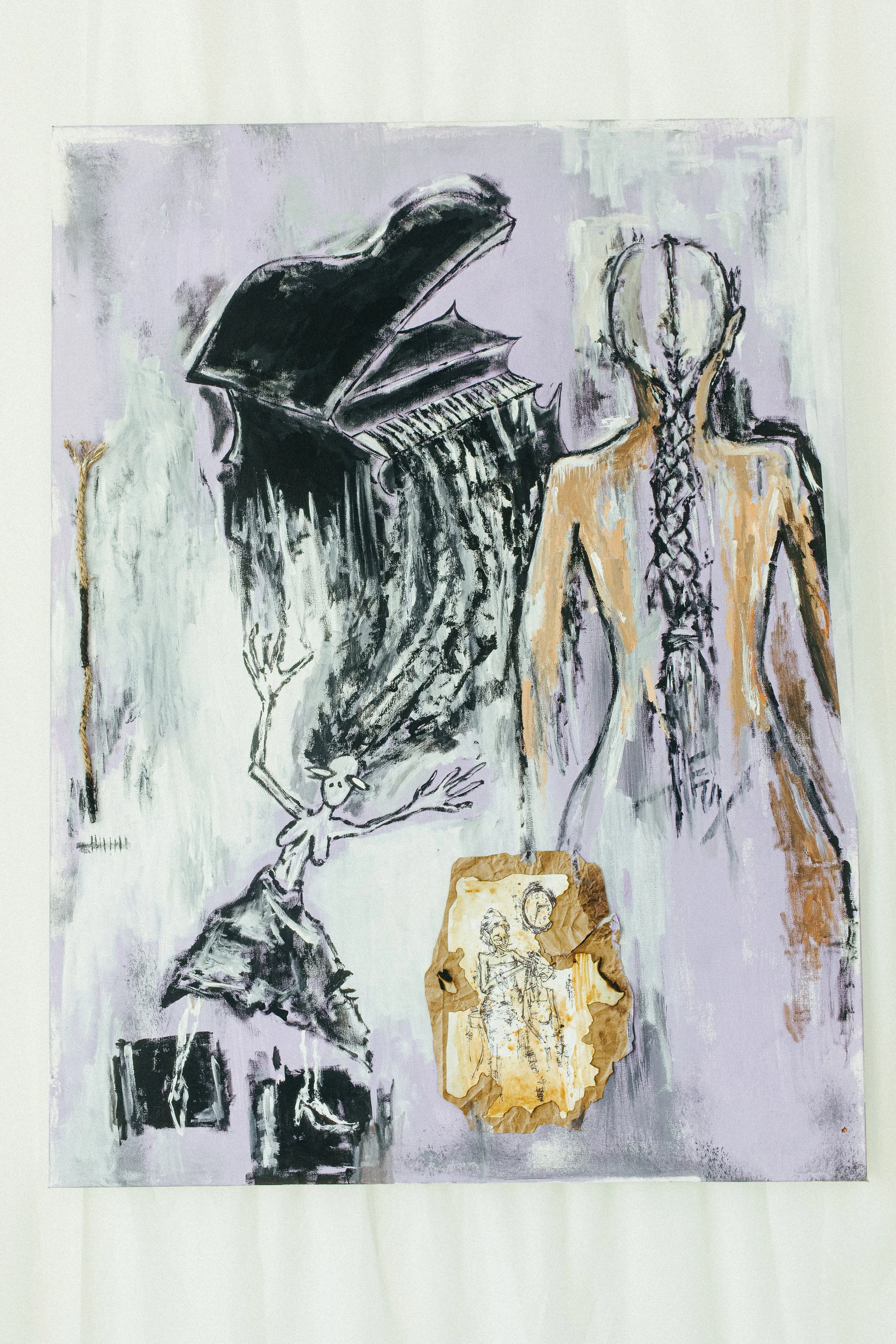 Drawing from spiritual symbolism and personal recollections,  Hymns and Hers  by  Jean-Jacques Charles  depicts various imagery of Black domestic life within daily hair rituals. 