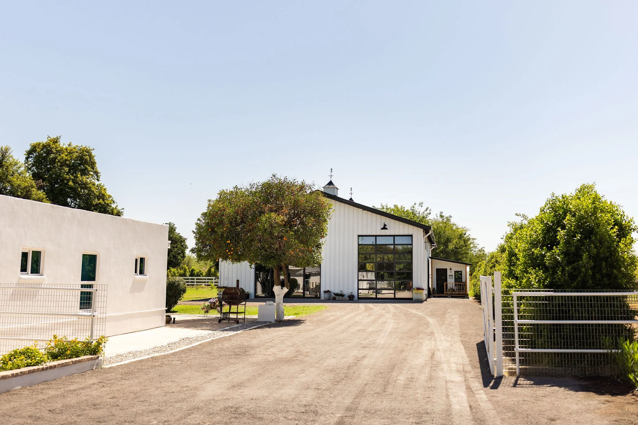 A large modern farmhouse with a baseball-sized tree in the front yard, with a white building to the left and a gravel driveway leading to the house, surrounded by green trees under a clear blue sky.