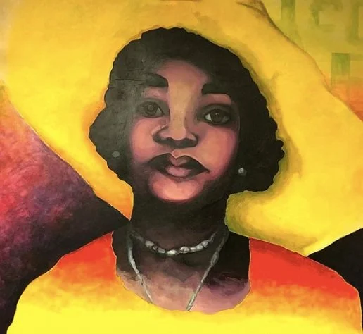 Painting of a woman with dark, short curly hair, wearing a large yellow hat, a red top, and pearl necklace, with abstract background colors.