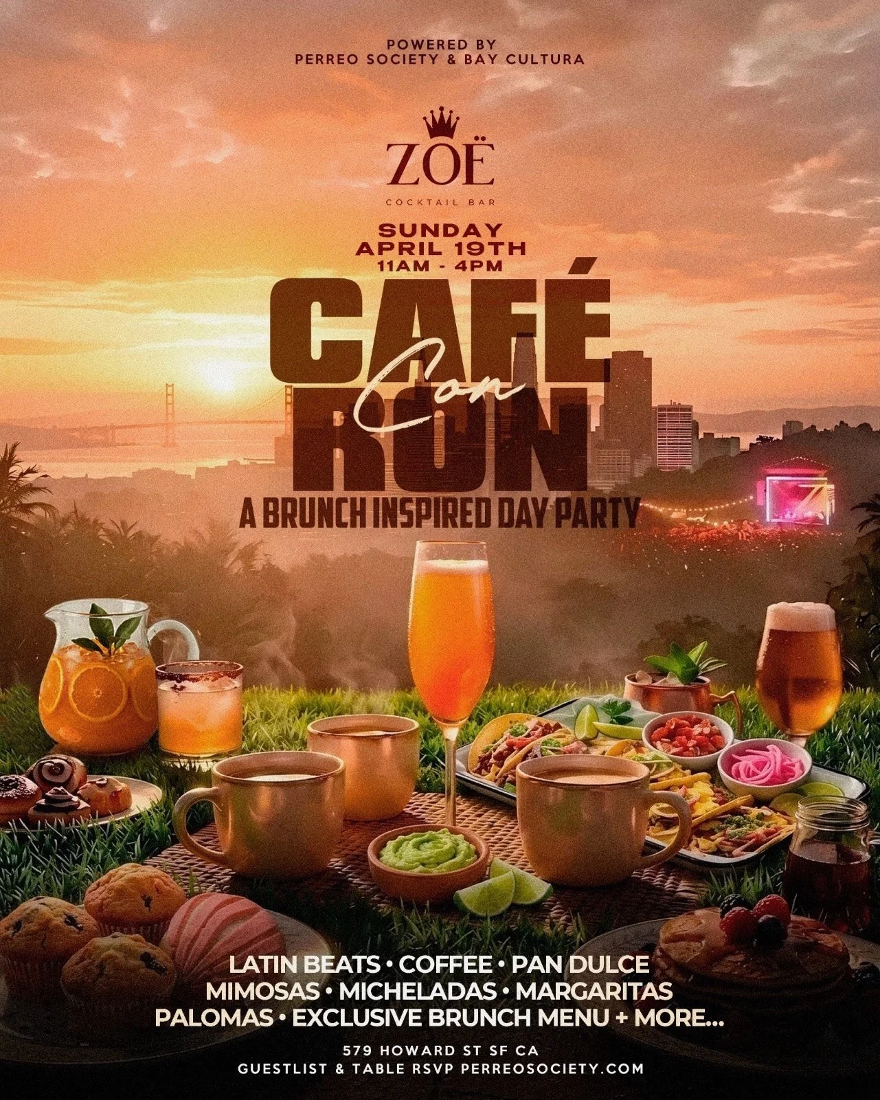 Sunday April 19th, we brunch different 😮&zwj;🔥

Caf&eacute; Con Ron is bringing the energy San Francisco&rsquo;s been missing 
✨ Latin beats
🍊 mimosas &amp; micheladas
🥐 pan dulce + brunch plates
🍹 cocktails flowing all day

This isn&rsquo;t jus