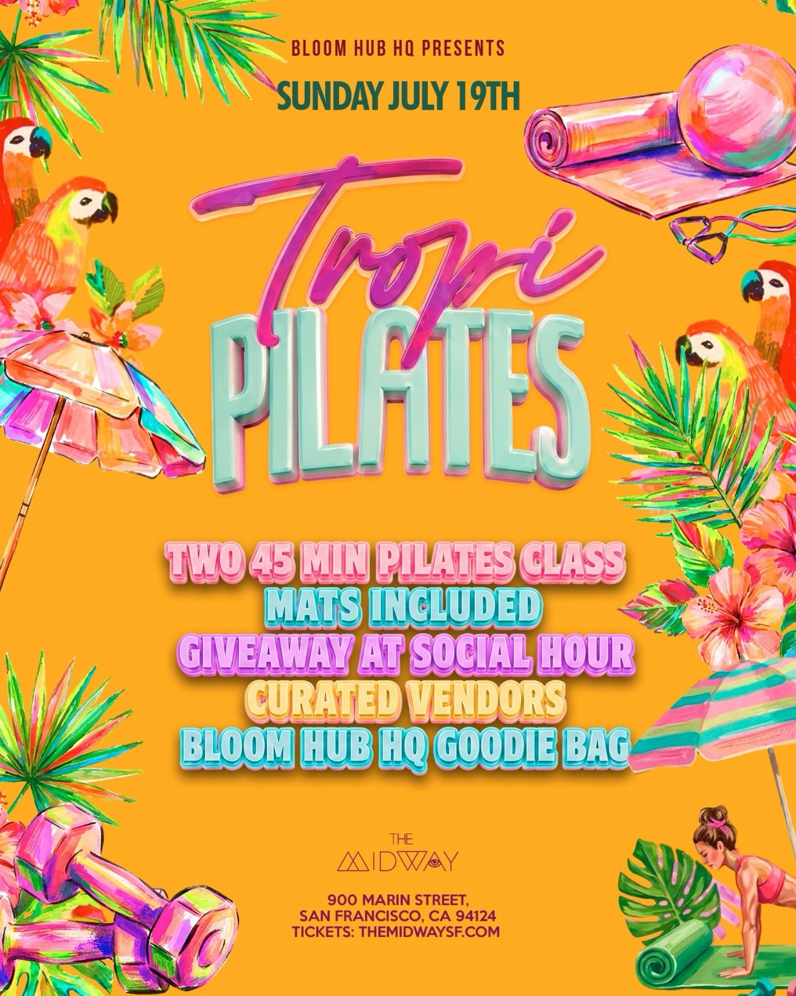 SURPRISE! JULY 19 @themidwaysf 🌴 Escape to paradise and move with intention at our first ever TropiPilates Latin Wellness Experience. 

Enjoy a feel-good workout surrounded by island vibes, uplifting music, and a vibrant community. 

Two energizing 