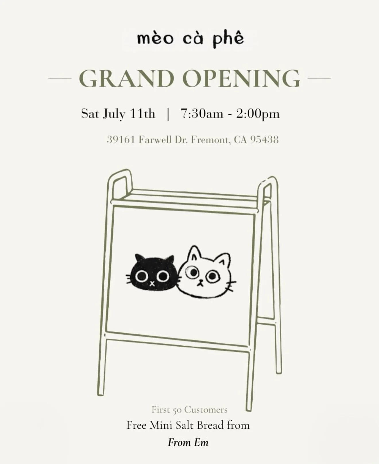 ✨Grand opening for @meo.caphe in Fremont!✨

A new chapter is brewing in Fremont! Join us in celebrating the grand opening of M&egrave;o C&agrave; Ph&ecirc;, a caf&eacute; built with community at its heart.

More than just a place to grab your favorit