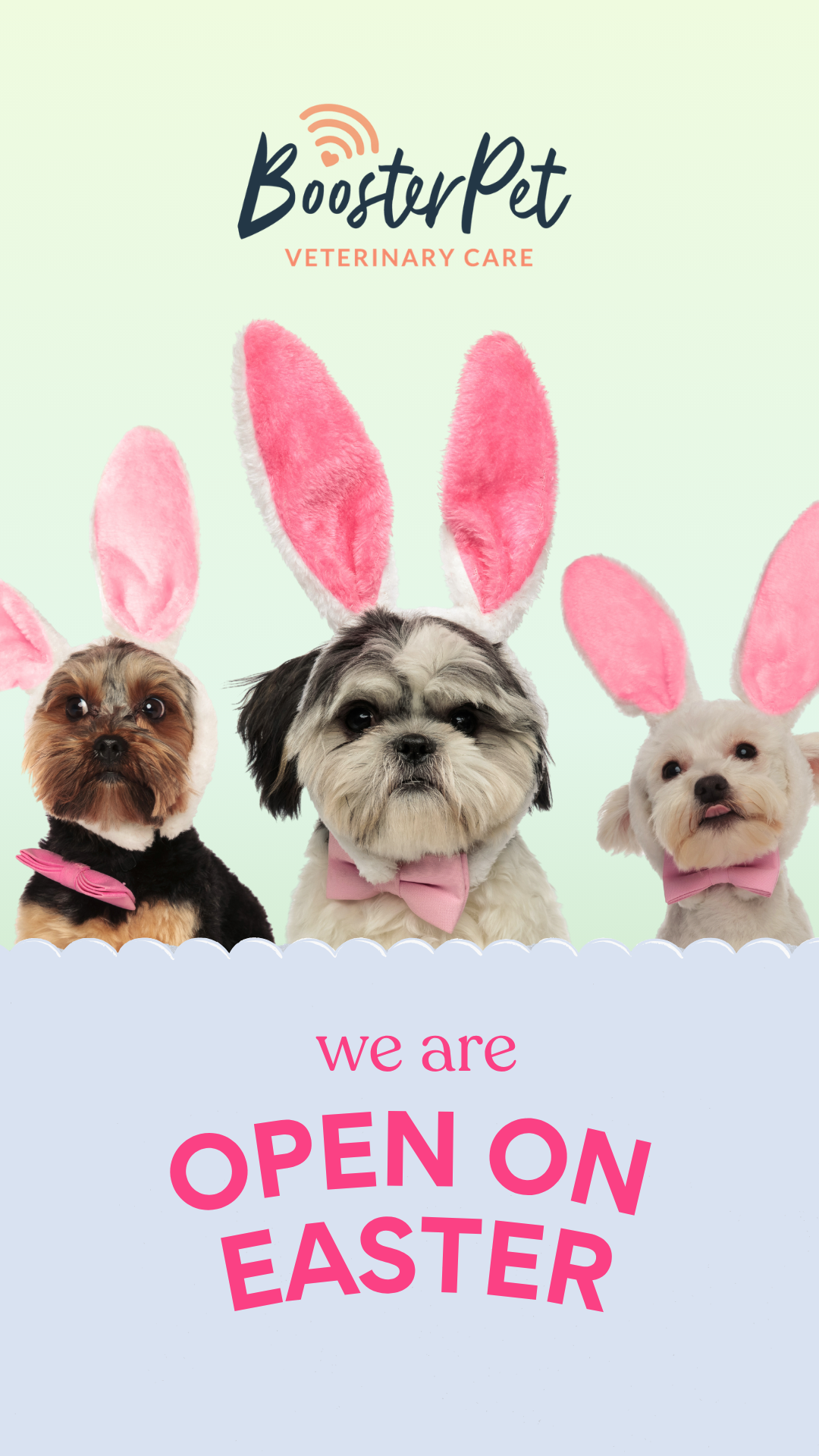 dogs wearing bunny ears, open on easter sunday