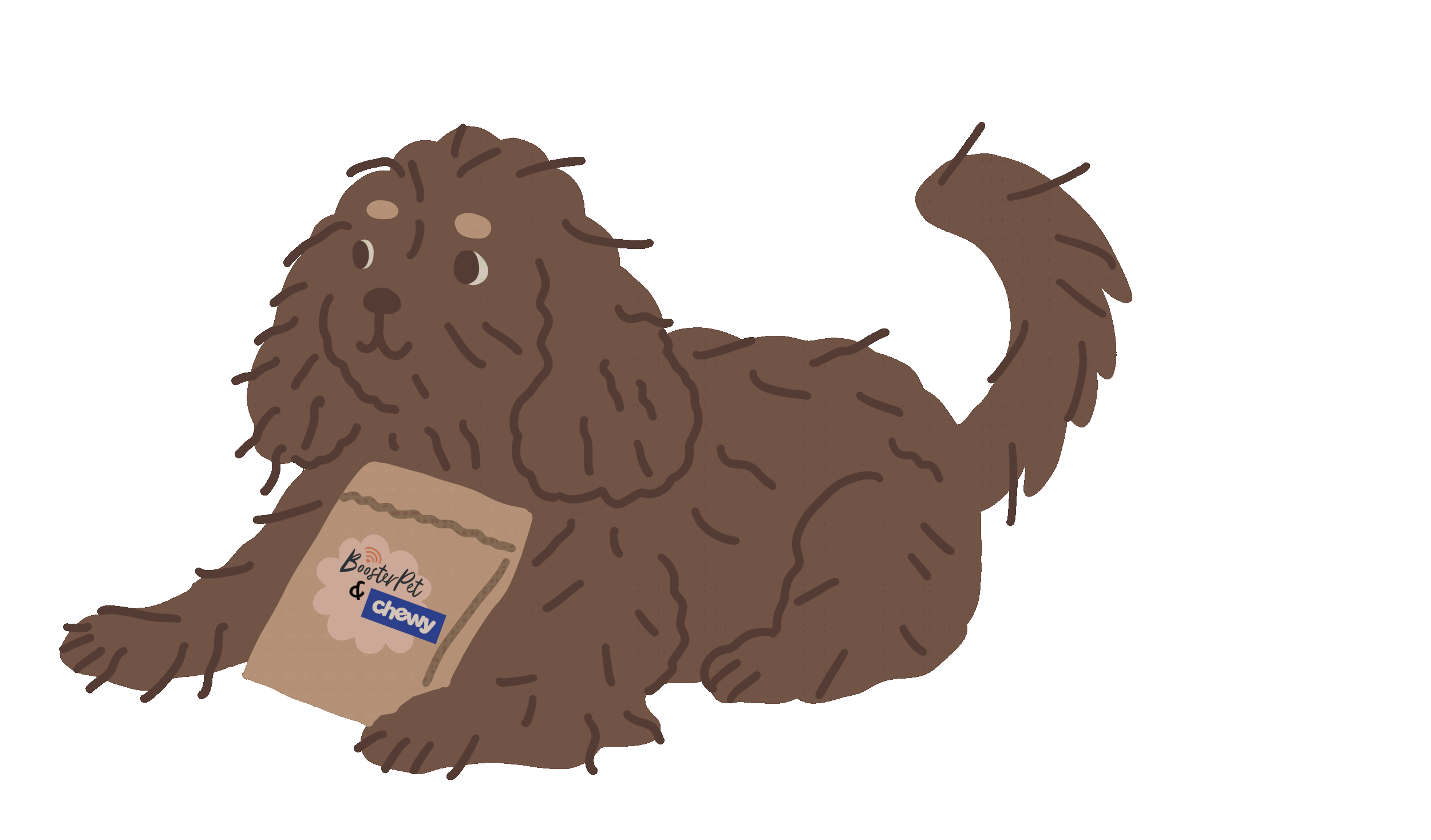 Animated cocker spaniel wagging its tail with a brown bag that says boosterpet & chewy