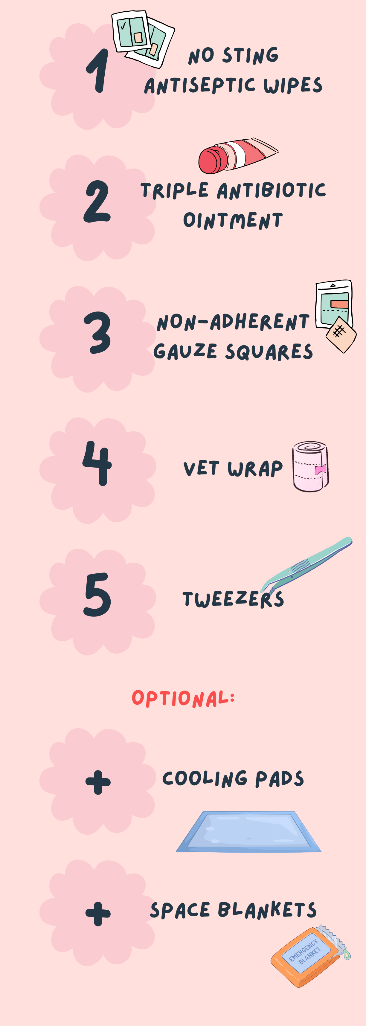 packing first aid kit. no sting antiseptic wipes, triple antibiotic ointment, non-adherent gauze squares, vet squares, tweezers