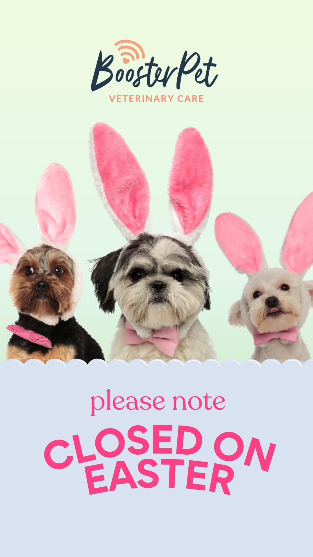dogs wearing bunny ears, closed on easter sunday