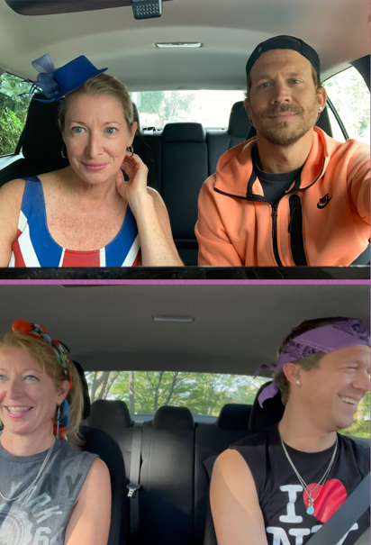 Two photos of Laura Hill and Russell Harvard sitting inside cars, smiling and posing for a photo. The setting appears to be outdoors with trees visible through the windows.