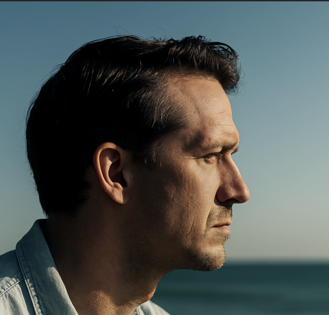 Profile of a middle-aged man with dark hair, facing right, outdoors near the ocean during sunset or sunrise.