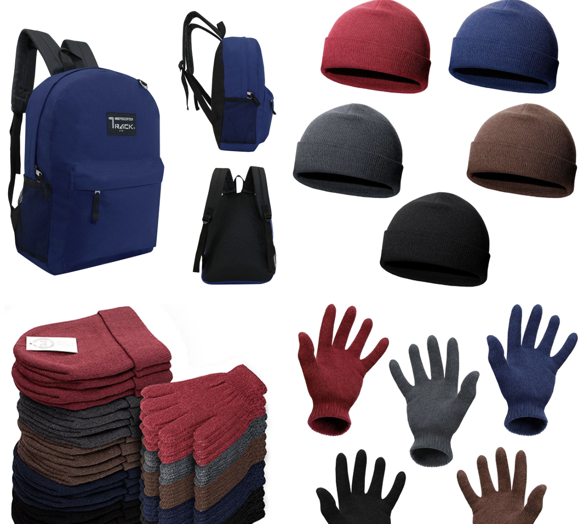 Collection of backpacks, beanies, gloves, and scarves in various colors