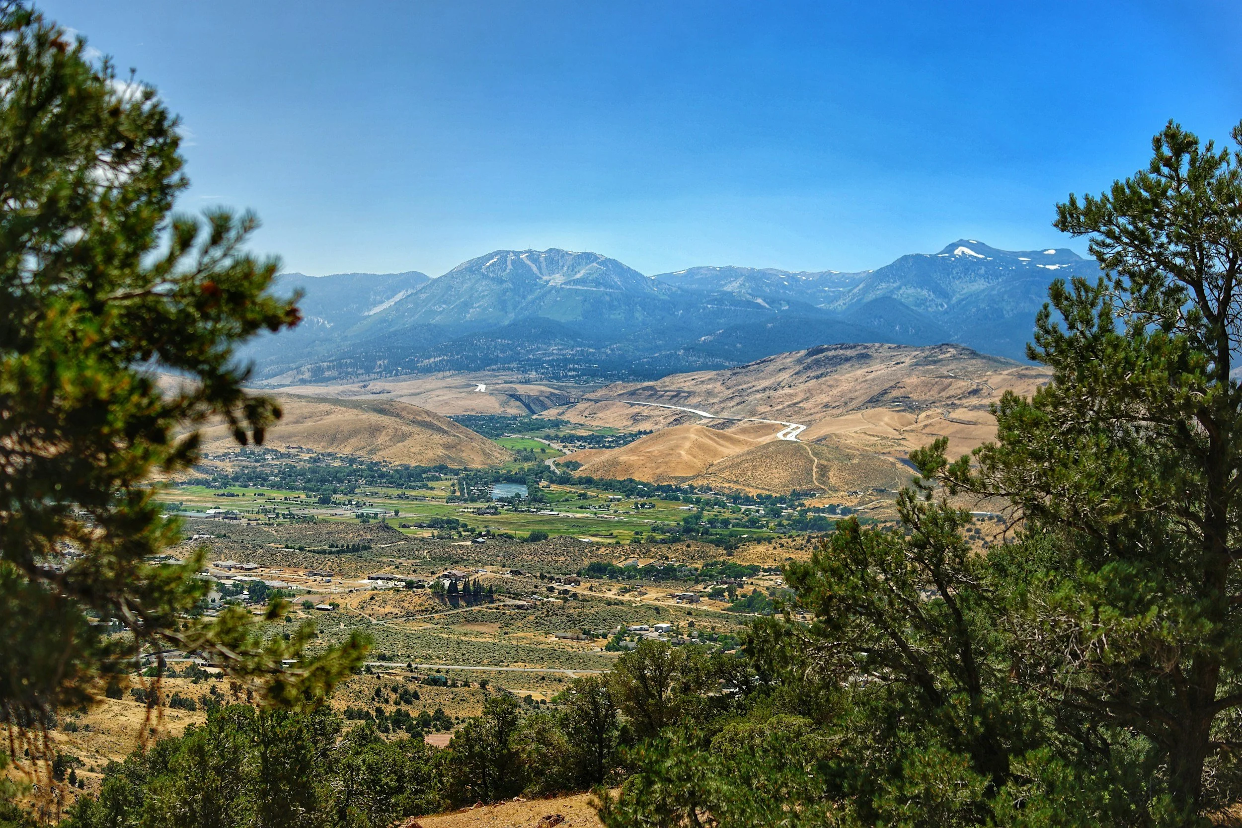 Landscape view of mountains, rolling hills, and a valley with trees and fields, under a clear blue sky, with some trees in the foreground.