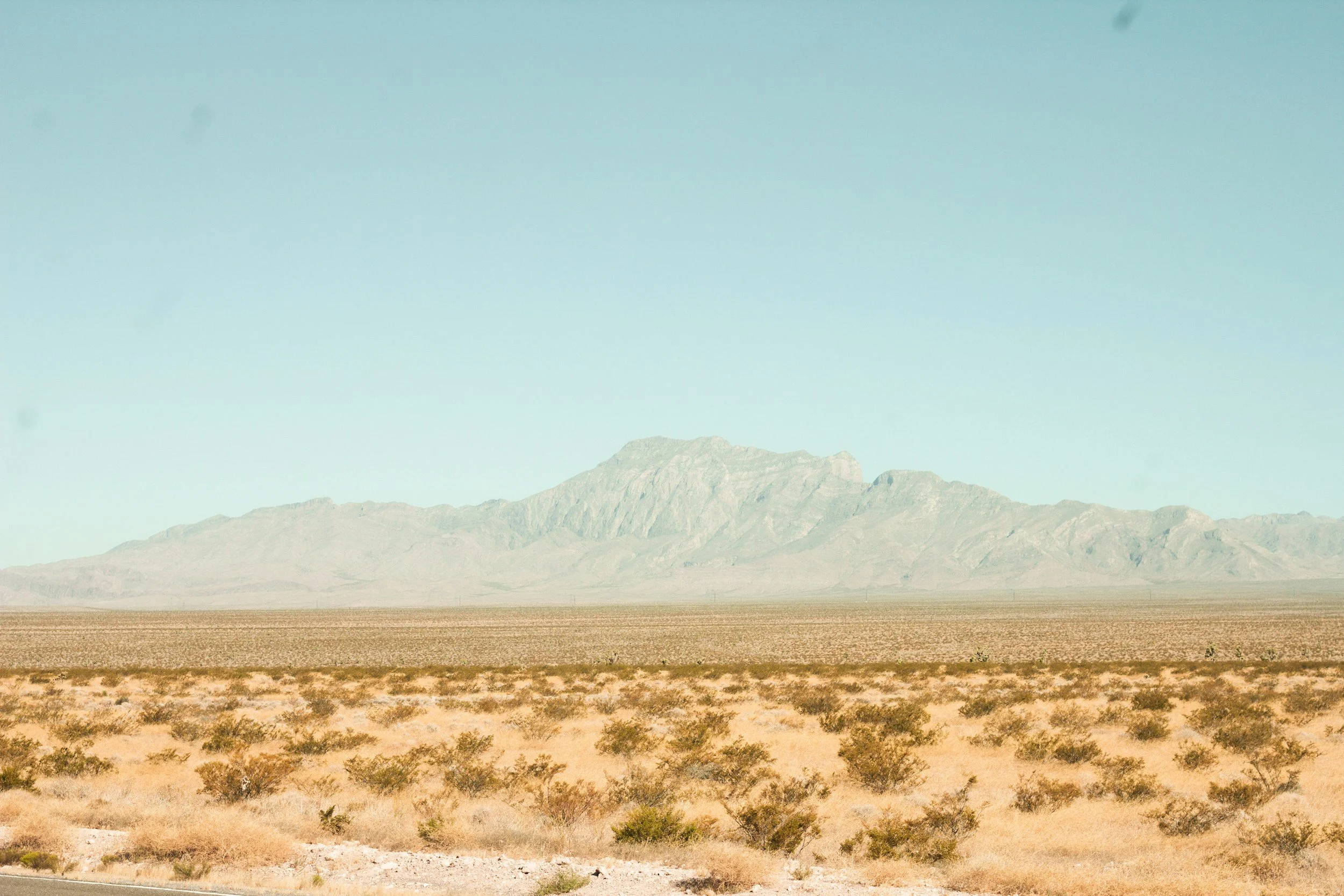 A desert landscape with sparse vegetation and distant mountains under a clear blue sky.