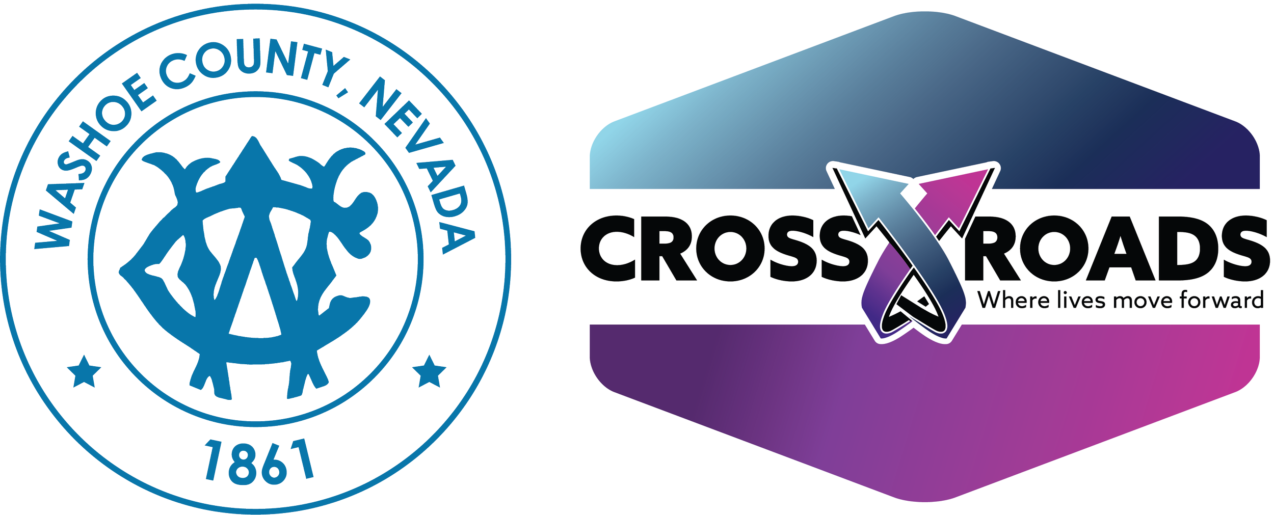Logo of Washoe County and CrossRoads Program with a hexagonal background, stylized text, and a slogan 'Where lives move forward.'