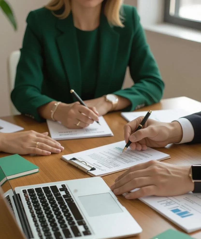 People sitting at a table during a business meeting, reviewing documents, with a laptop and notebooks on the table.