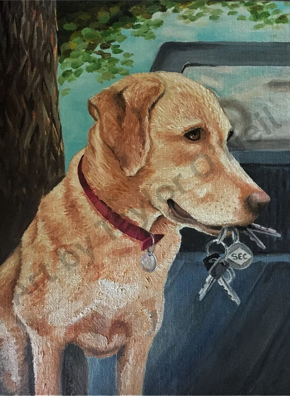 Painting of a dog, likely a Labrador Retriever, sitting inside a vehicle next to a tree. The dog has a red collar with a tag, and is holding a set of keys in its mouth. The background includes green foliage and part of a license plate.