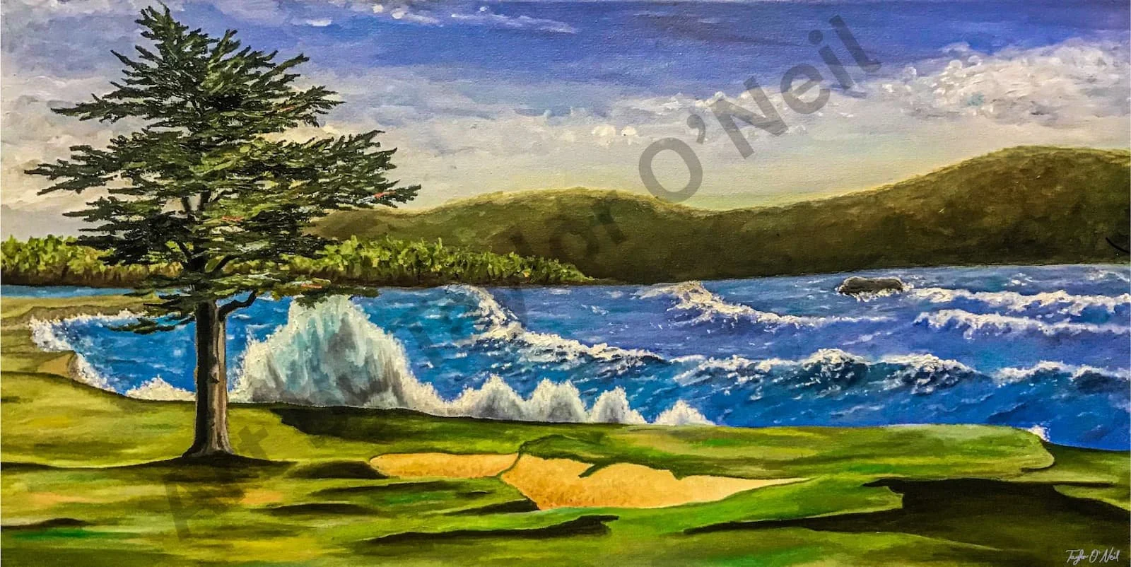 Painting of a waterside landscape with a large tree on the left, water waves in the center, green hills in the background, and a partly cloudy sky.
