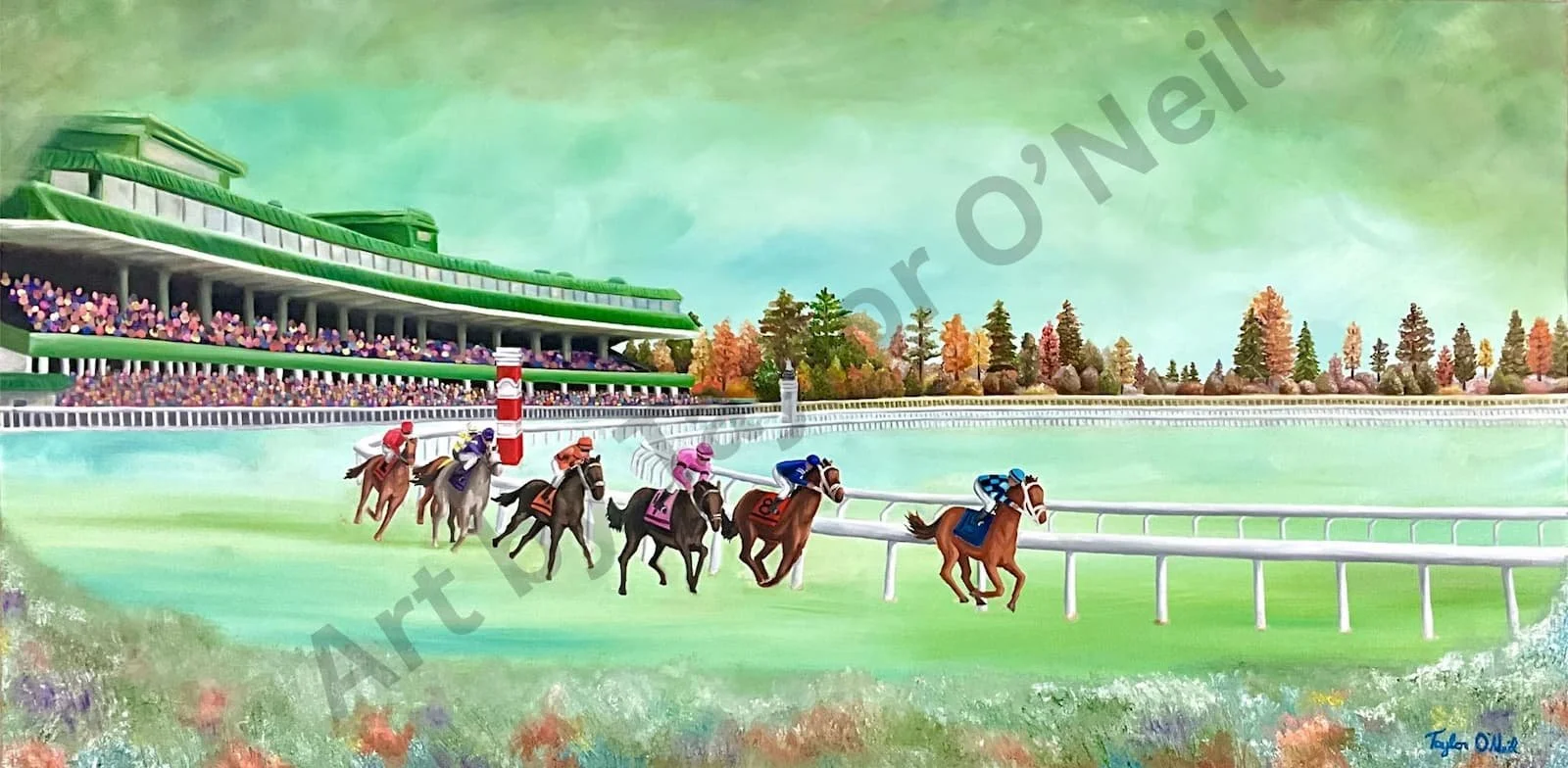 Colorful painting of a horse race at a racetrack with a large green grandstand and autumn-colored trees in the background.