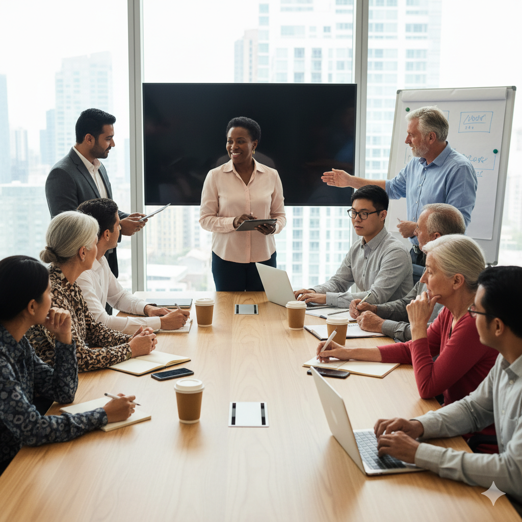 A diverse group of professionals in a business meeting around a conference table, with two people standing and speaking, one man gesturing towards a woman with a tablet. Large windows reveal a cityscape of high-rise buildings.