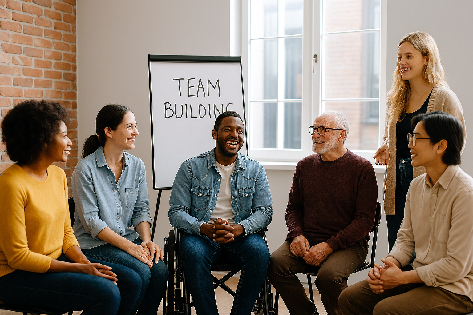 A diverse group of six people sitting in a circle during a team-building session in a bright room with large windows, a whiteboard with 'TEAM BUILDING' written on it.