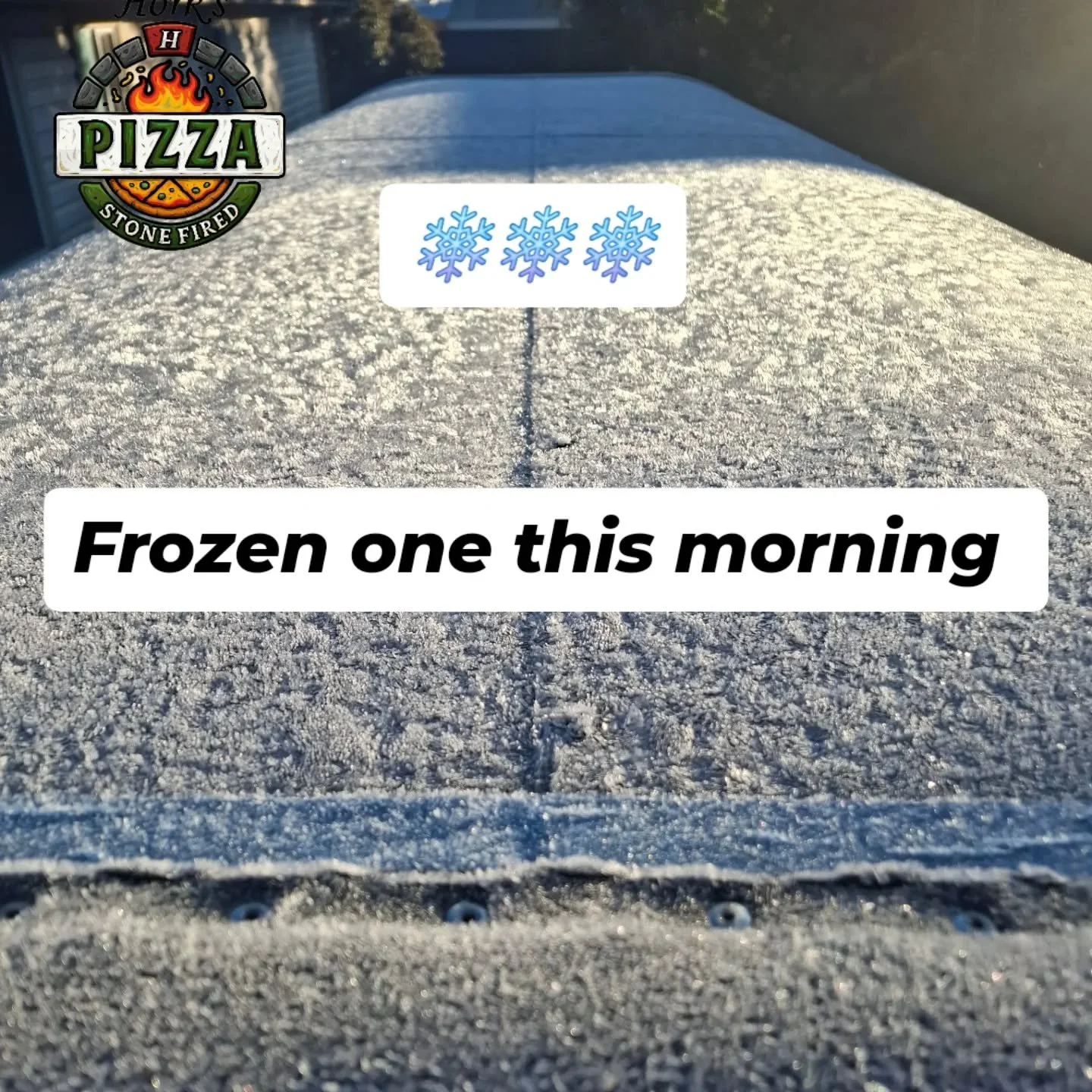 in time with how long it’s taking to get the float up and running… but trust me, it’s not as frozen as this morning was! 🥶🍕”