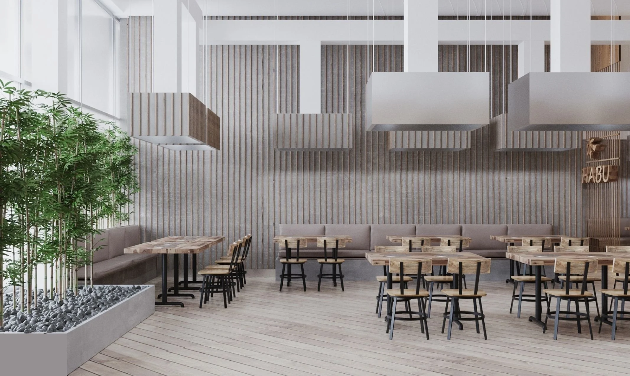 Modern restaurant interior with wooden tables and chairs, beige cushioned seating, large indoor plant, wooden wall panels, and hanging light fixtures.
