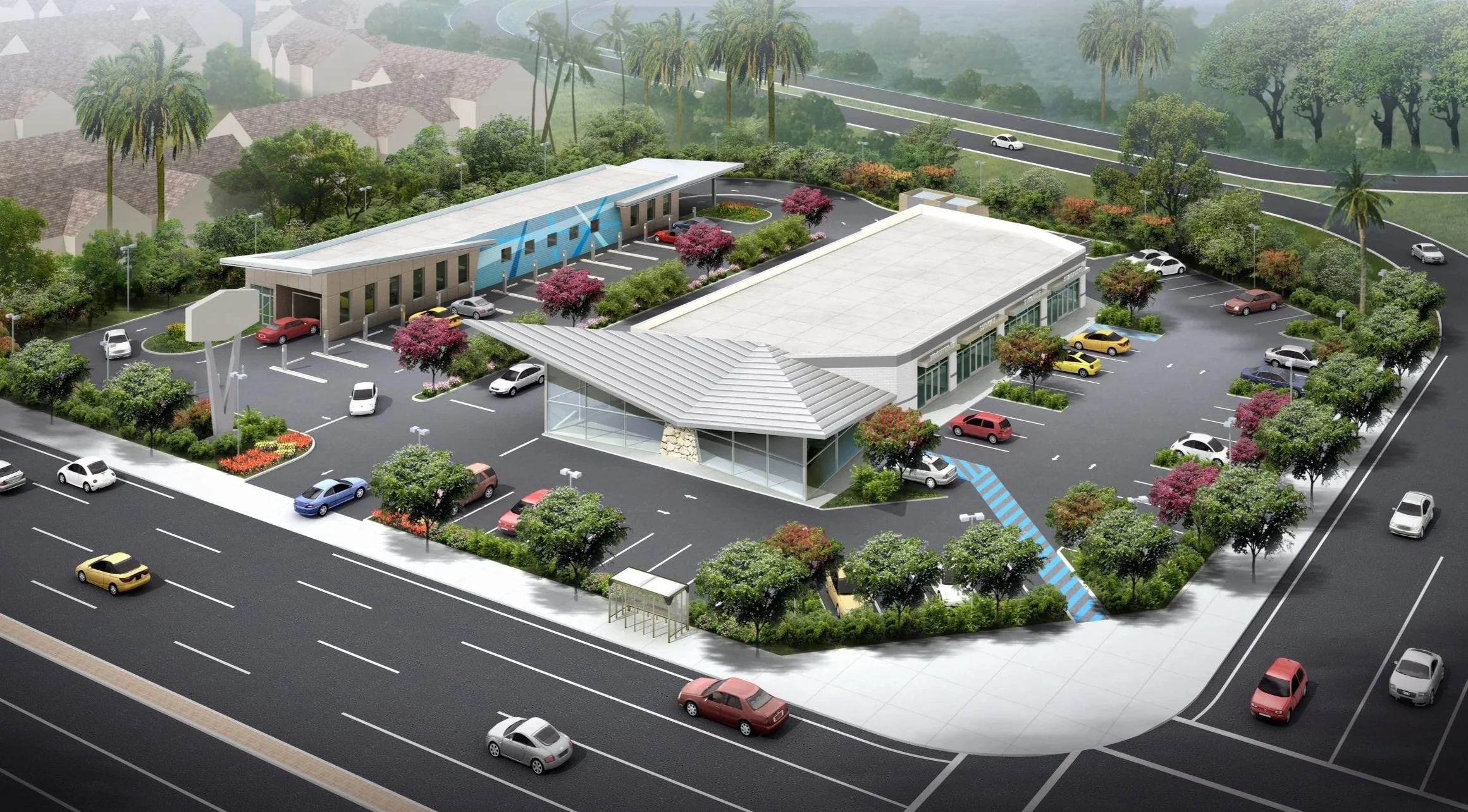 A digital rendering of a modern commercial complex with multiple buildings, parking lots, landscaped greenery, and surrounding roads.