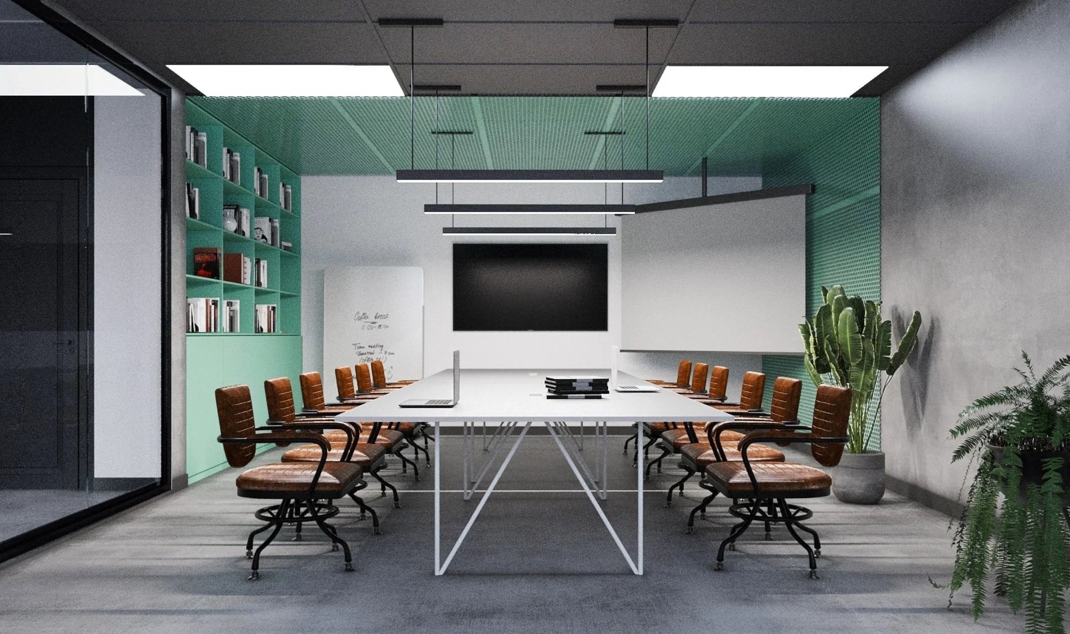Modern conference room with a long white table, brown chairs, a large display screen, shelves with books, and green plants.