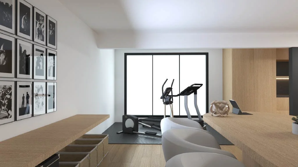 Home gym with treadmill, elliptical, and exercise bike, near a large window, with gallery wall art and a wooden countertop with chairs.