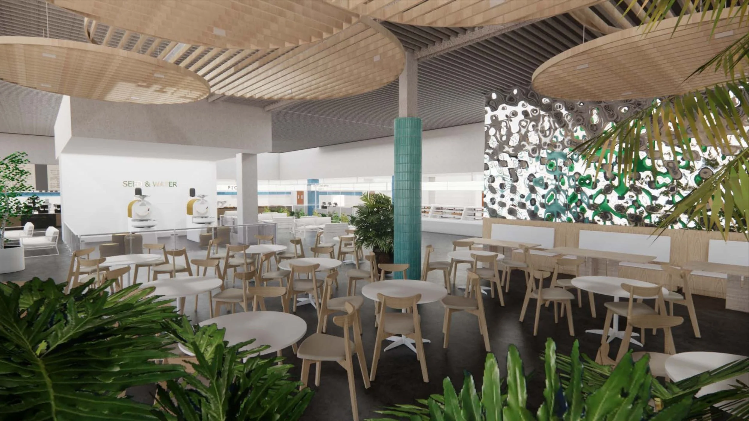Interior of a modern, open-air cafe with wooden tables and chairs, surrounded by green plants, decorative wall art, and ceiling wooden panels.