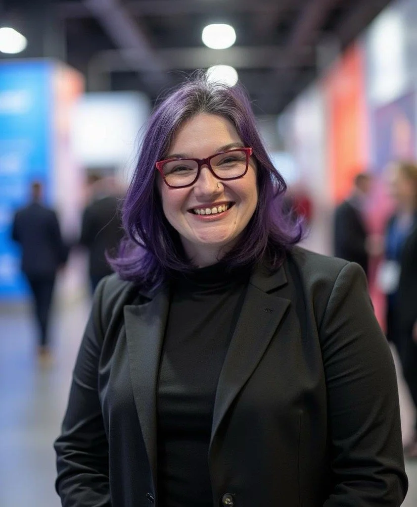Whitney, a smiling woman with shoulder-length purple hair and red glasses wearing a black shirt and black blazer, smiles at the camera with a professional conference somewhat visible in the background.