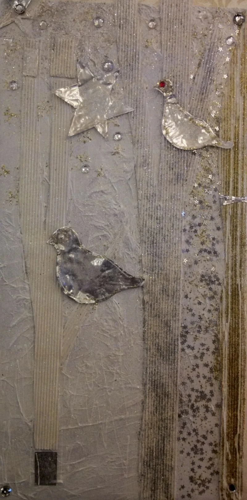 Partridge in a Pear Tree, acrylic, sparkles, jewels, corrugated cardboard and gauze on canvas, 12x24", unframed. Currently in Small Works Show @ Eclectic Gallery, Victoria, BC