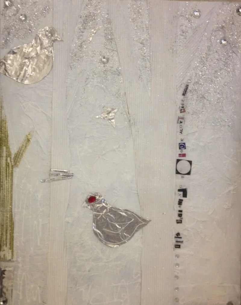 Partridge in a Pear Tree, acrylic, corrugated cardboard, sparkles, gauze & jewels on canvas board, 16x20", unframed
