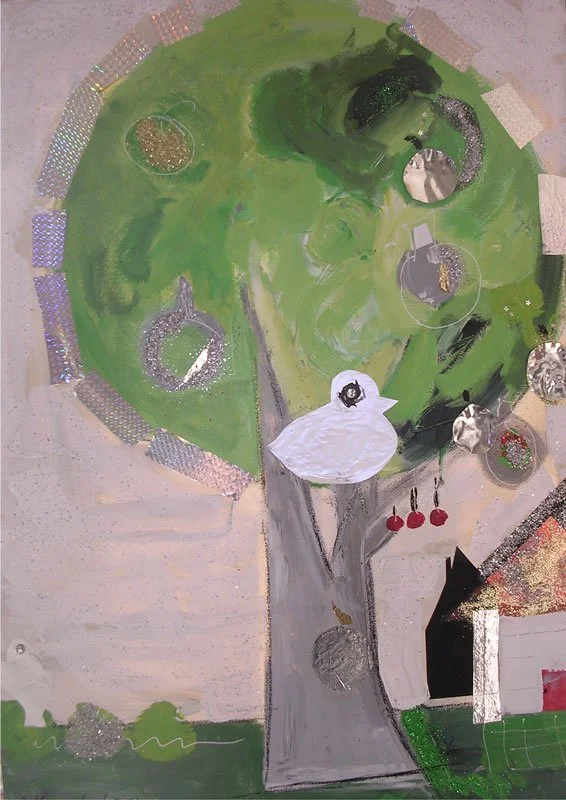Partridge in a Pear Tree, acrylic, shiny tin & sparkles on canvas, 12x36", unframed
