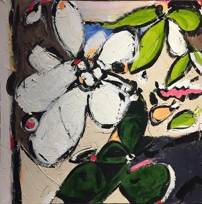 A fig & a small tangerine, acrylic on canvas, 30x30", framed