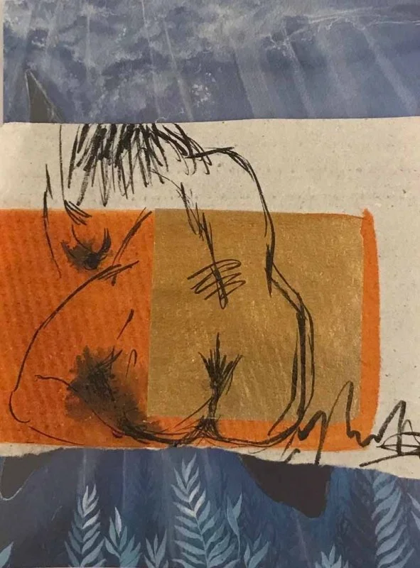 Nude, india ink on collaged handmade paper, 6 1/2 x 6 1/2”, framed in a shadow box