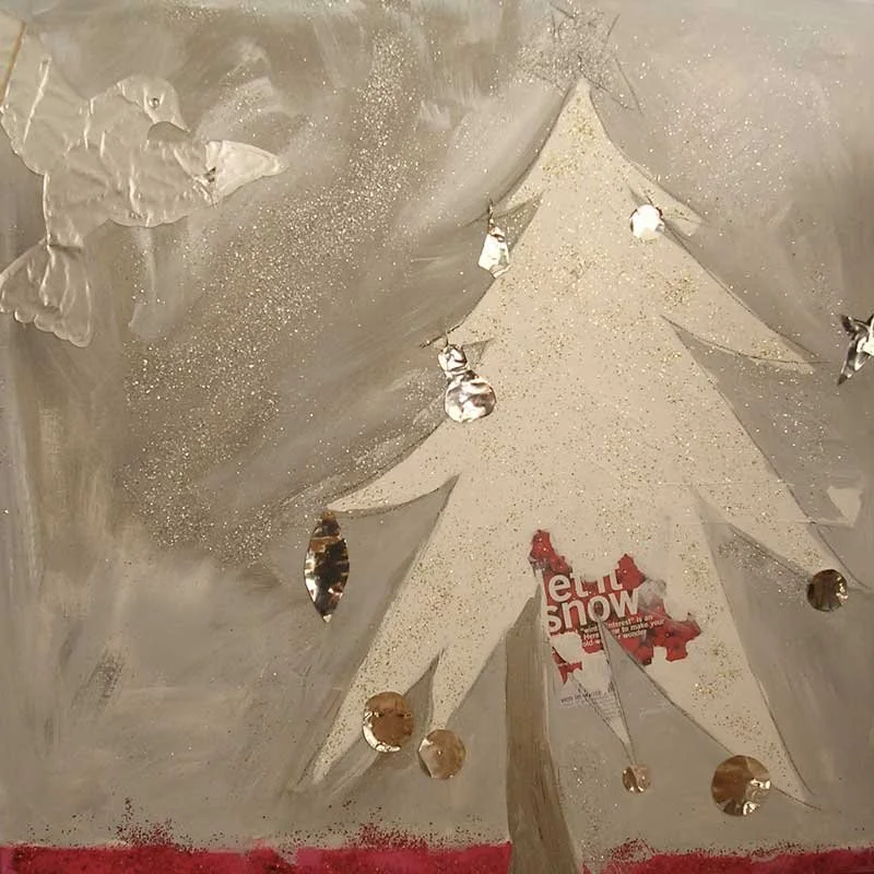 Let in Snow, Let it Snow, Let it Snow, acrylic, shiny tin & sparkles on canvas, 36X36", unframed