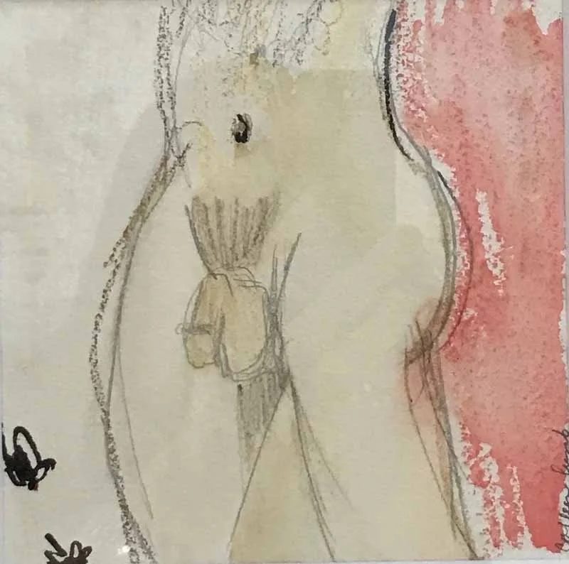 Male Nude, india ink on handmade paper, 14x14”, framed