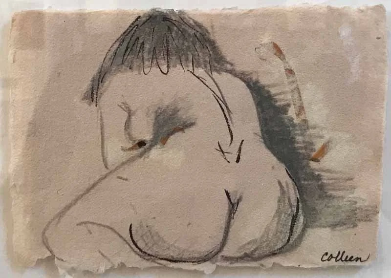 A Nude, india ink on paper handmade by the artist, 8x10”, framed in shadow box