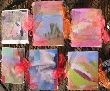 Hand-bound Beaded Books all Tied up with a Bow, images of my paintings on canvas cover, hand bound with beads & wire, 4x5"