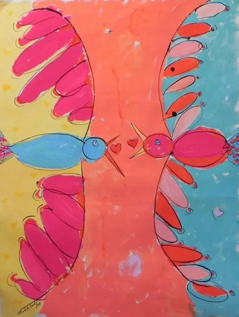 Two Lovebirds of Sayulita, #2, gouache on paper, 29x34", framed