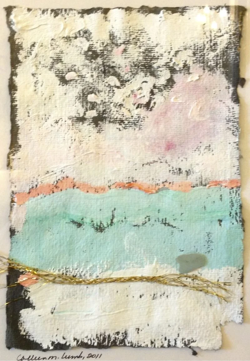 Harbour Island, gouache, ribbon & beach pebble on black handmade paper, 10x12", framed
