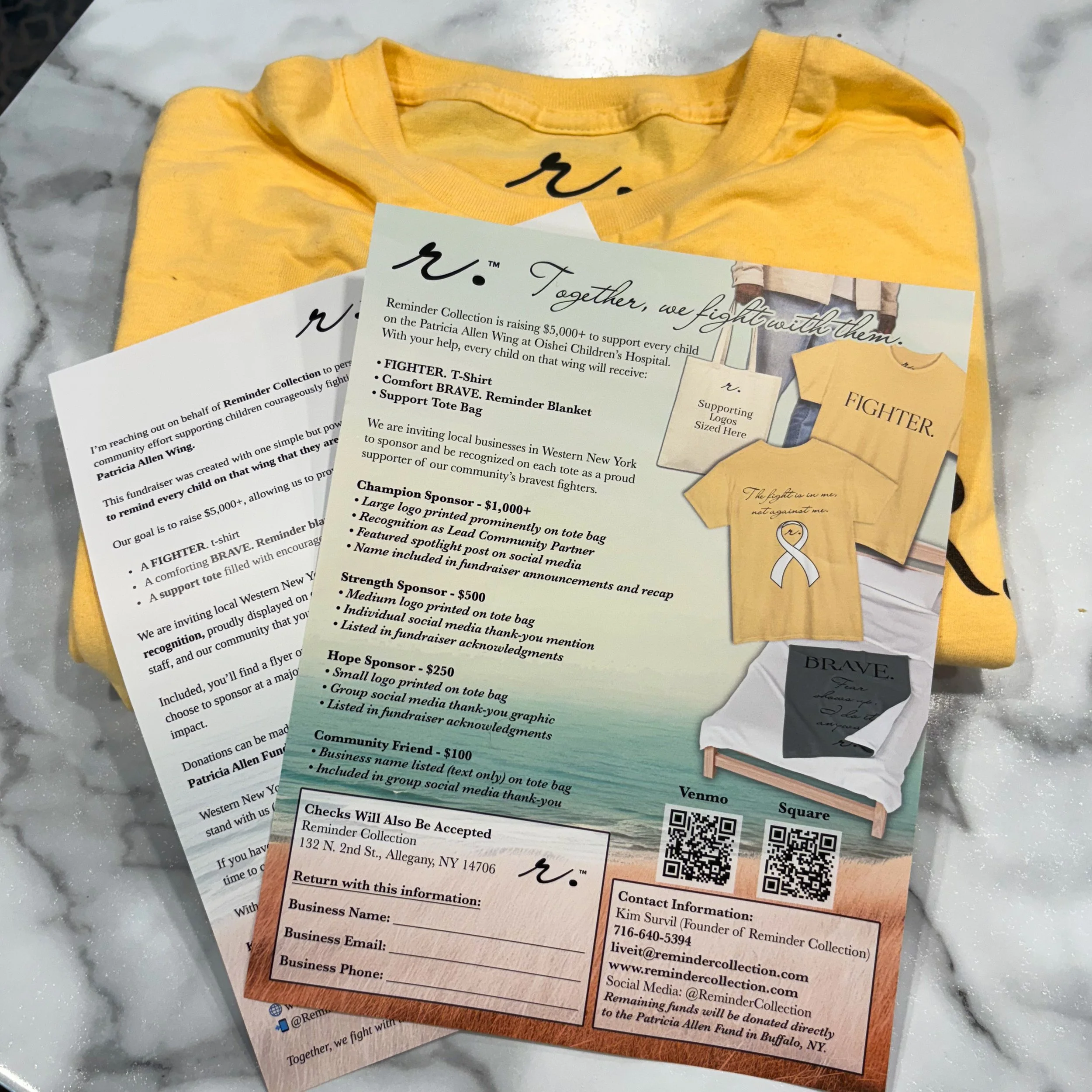 Photo of yellow FIGHTER. shirt with letter and flyer for Western New York business donations through Reminder Collection.