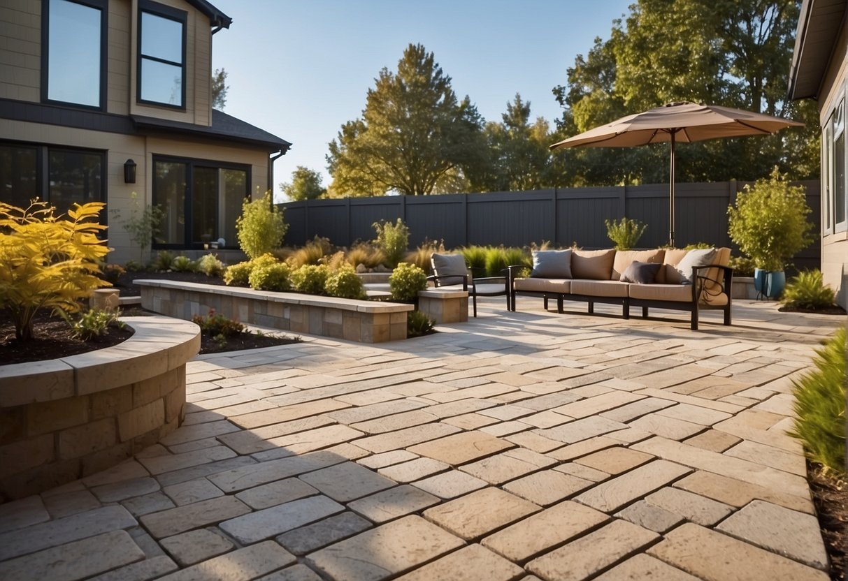 A backyard patio with stone pavers, outdoor furniture including a cushioned sofa, chairs, a large umbrella, and various plants in pots and garden beds, with a house on the left and trees in the background.